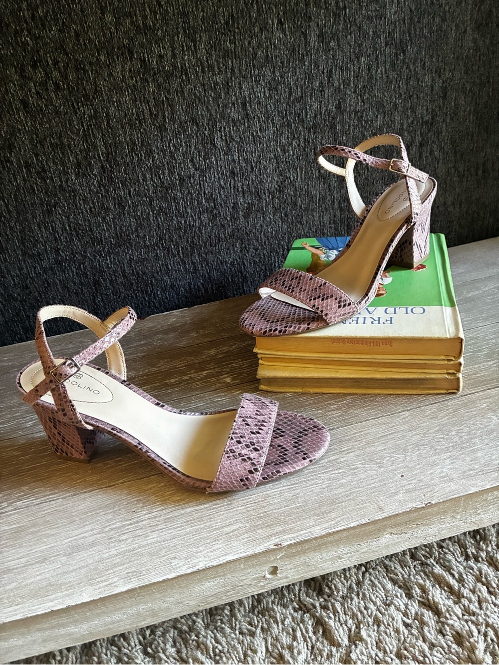 Bandolino Aria Mauve Snake-Print Ankle Strap Block Heels